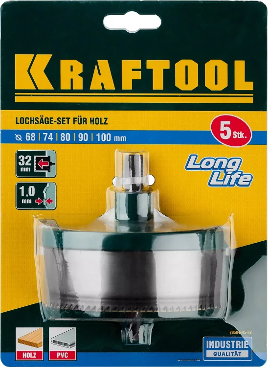 Пила сегментная наборная KRAFTOOL по дереву, 5 полотен: 68-74-80-90-100x32 мм 29584-H5-32 купить в Нягани