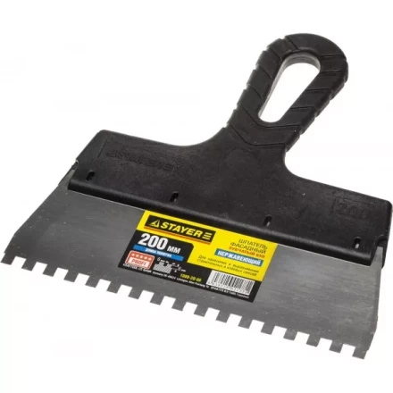 Шпатель STAYER &quot;PROFESSIONAL&quot; нержавеющий зубчатый с пластмассовой ручкой, 200мм, зуб 6х6мм 1009-20-06 купить в Нягани