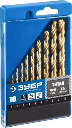 ЗУБР ТИТАН, 10 шт, (1-10 мм), сталь Р6М5, класс А, титановое покрытие, набор сверл по металлу, Профессионал (29615-H10) купить в Нягани