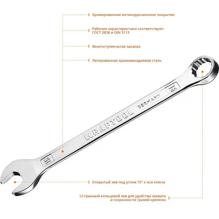 Ключи комбинированные KRAFTOOL, Cr-V, DIN 3113 27079-15 купить в Нягани