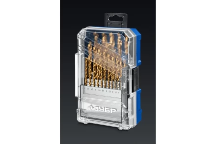 ЗУБР ТИТАН 25шт (1-13мм) сталь Р6М5, класс А, титановое покрытие, пласт.бокс, набор сверл по металлу (29617-H25) купить в Нягани