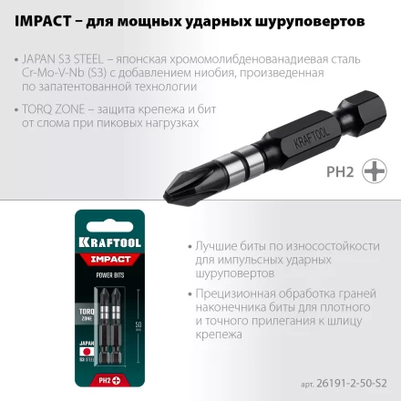 Биты для ударных шуруповертов KRAFTOOL Impact Pro PH 26191-2-50-S2 купить в Нягани