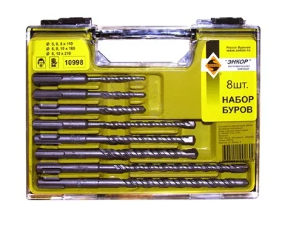 Набор буров SDS+ 5,6,8х110 6,8,10х160,8,10х210 8 штук пластиковый кейс Энкор 10998