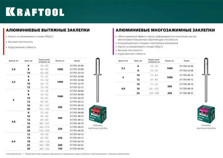 Заклепки алюминиевые KRAFTOOL 311701-48-08 купить в Нягани