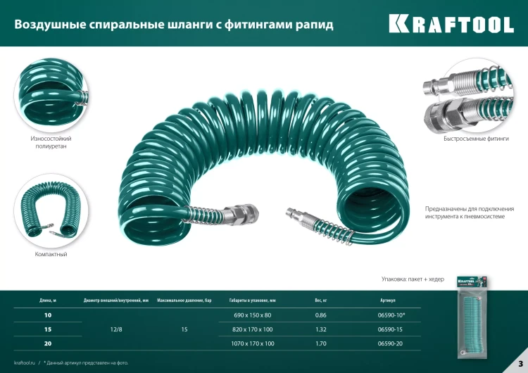 Воздушный спиральный шланг KRAFTOOL с фитингами рапид 8х12 мм 06590-20 купить в Нягани