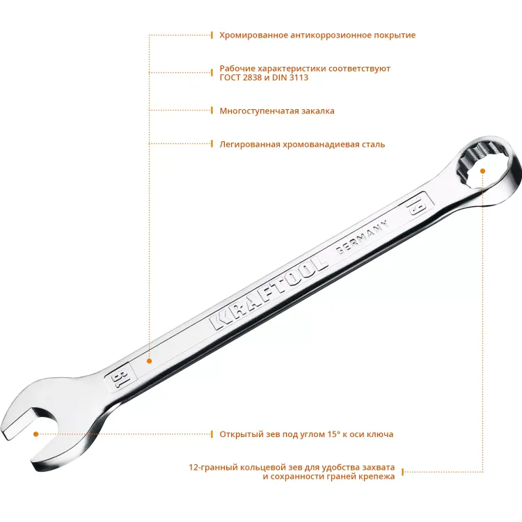 Ключи комбинированные KRAFTOOL, Cr-V, DIN 3113 27079-19 купить в Нягани