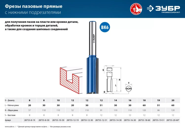 ЗУБР 12 x 30 мм, хвостовик 8 мм, фреза пазовая прямая с нижними подрезателями, Профессионал (28755-12-30) купить в Нягани