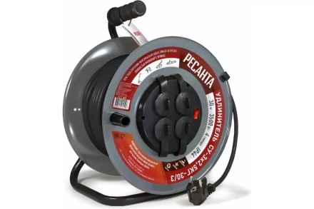 Удлинитель силовой на металлической катушке Ресанта СУ-3х2,5КГ-30/3 (с выкл., 4 розетки, IP44) 61/118/9 купить в Нягани