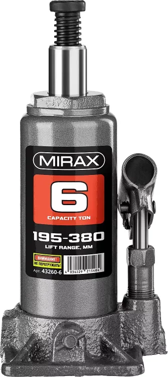 Домкрат гидравлический бутылочный, 6т, 195-380 мм, MIRAX 43260-6 43260-6 купить в Нягани