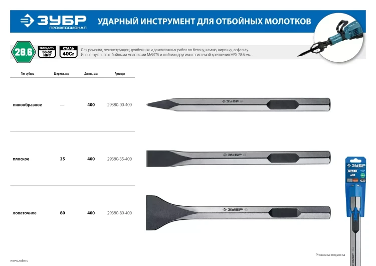 ЗУБР БУРАН, 35 х 400 мм, HEX 28, плоское зубило (29380-35-400) купить в Нягани