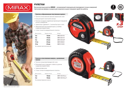 Рулетка MIRAX, 3 стопора, двухкомпонентный пластиковый корпус, 10мх25мм 34013-10-25 купить в Нягани