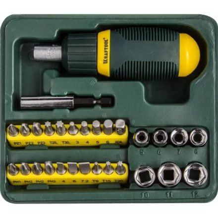 Набор KRAFTOOL Отвертка реверсивная с битами и торцовыми головками, 29 предметов 25556-H29 купить в Нягани