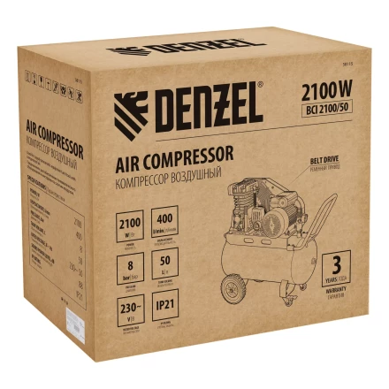 Компрессор воздушный рем. привод Denzel BCI 2100/50, 2,1 кВт, 50 литров, 400 л/мин купить в Нягани