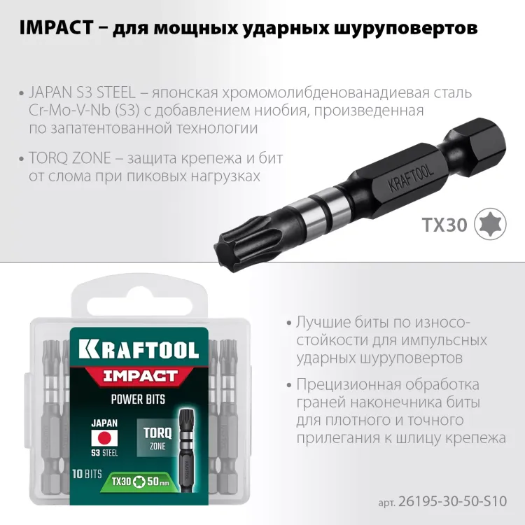 Биты для ударных шуруповертов KRAFTOOL Impact Pro TX 26195-30-50-S10 купить в Нягани