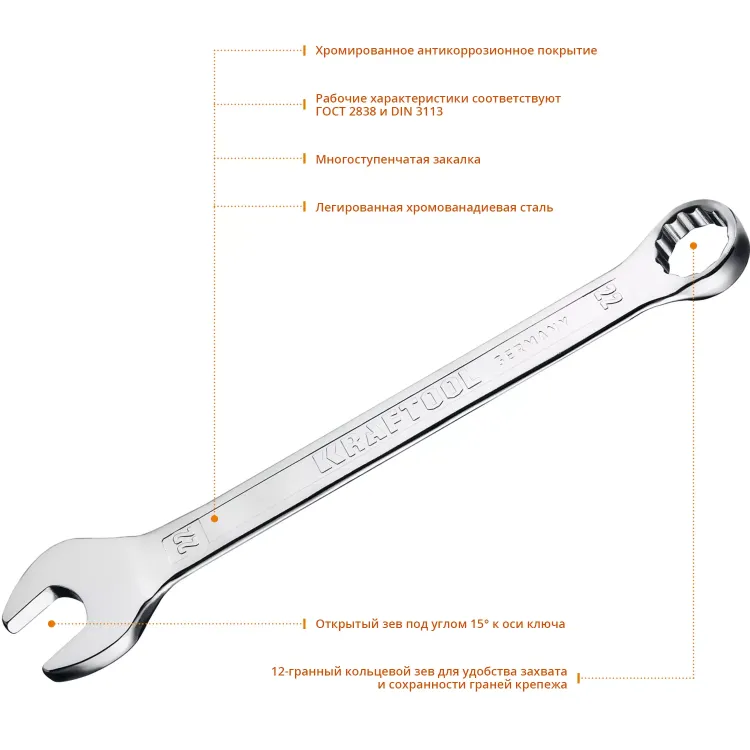 Ключи комбинированные KRAFTOOL, Cr-V, DIN 3113 27079-22 купить в Нягани