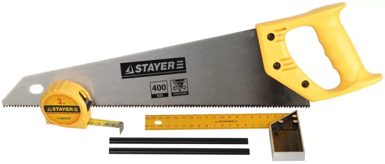 Набор STAYER "STANDARD" для столярных работ: ножовка по дереву 400 мм, угольник 200 мм, рулетка 3 м, 2 карандаша, 5 пред 15084-H5 купить в Нягани