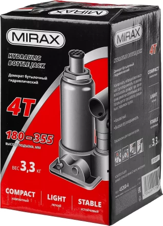 Домкрат гидравлический бутылочный, 4т, 180-355 мм, MIRAX 43260-4 43260-4 купить в Нягани