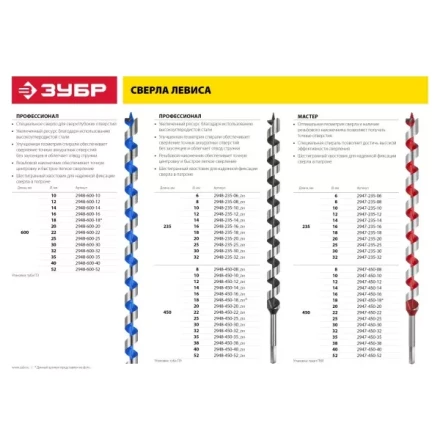 ЗУБР &quot;МАСТЕР&quot;. Сверло по дереву, спираль Левиса, HEX хвостовик, 6х235мм 2947-235-06 купить в Нягани