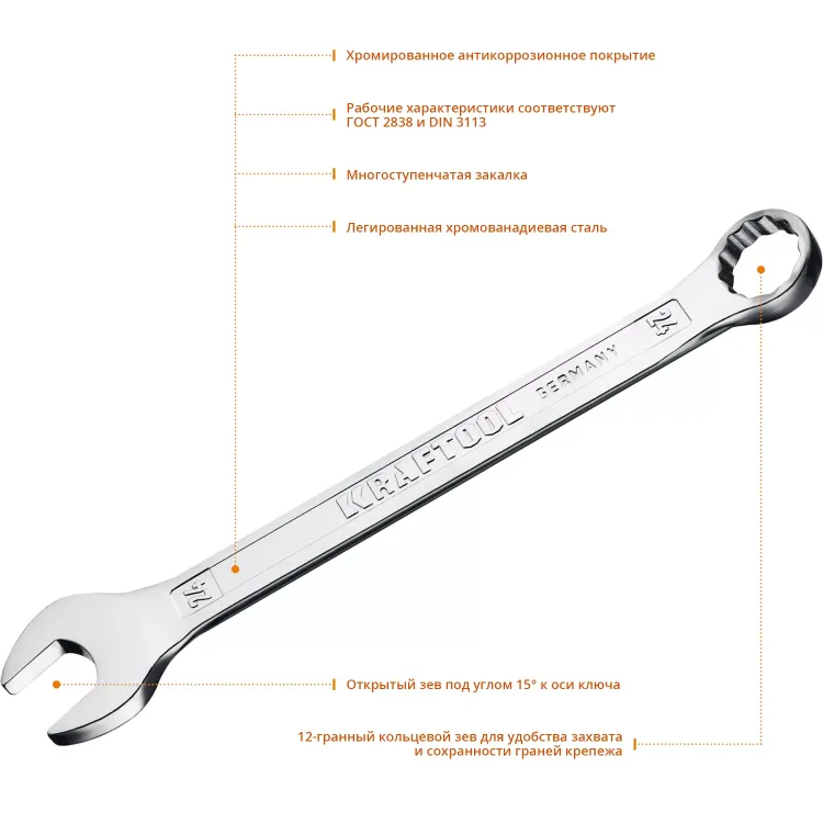 Ключи комбинированные KRAFTOOL, Cr-V, DIN 3113 27079-24 купить в Нягани