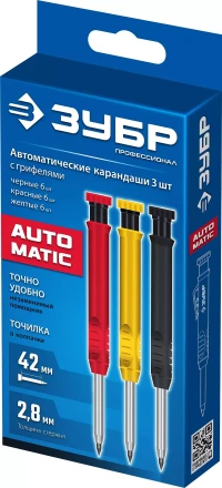 ЗУБР АСК набор: 18 сменных грифелей: 6ч + 6ж + 6к ( d 2,8 мм, HB), 3 автоматических карандаша (06312-H6) купить в Нягани