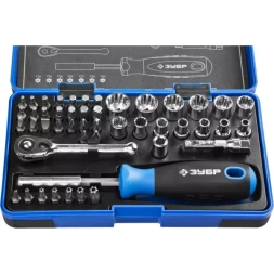 Набор ЗУБР "ПРОФИ": Отвертка с двухкомп рукояткой, насадки и мини трещетка, 47 предм, пластиковый бокс 25283-H47