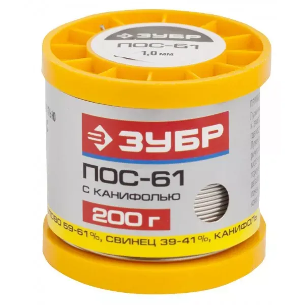 Припой ЗУБР, ПОС 61, трубка с канифолью, 200г, 1мм 55450-200-10C купить в Нягани