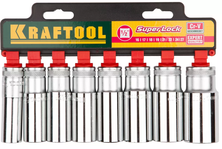 Набор KRAFTOOL "EXPERT QUALITAT" Торцовые головки "SUPER LOCK" удлин, 1/2", 16-27мм, 8 предметов 27865-H8_z01 купить в Нягани