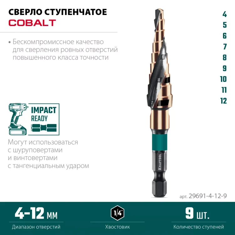 Ступенчатое сверло, сталь c кобальтом, спиральная проточка, НЕХ хвостовик 29691-4-12-9 купить в Нягани