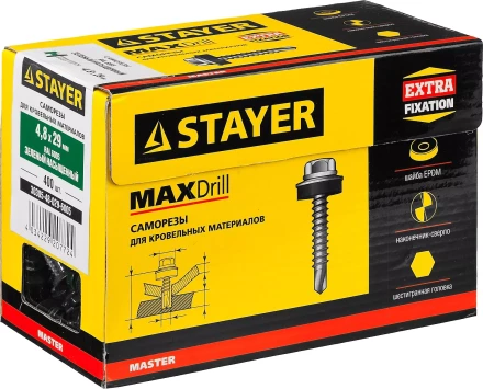 Саморезы СКД кровельные, RAL 6005 зеленый насыщенный, 29 x 4.8 мм, 400 шт, для деревянной обрешетки, STAYER 30305-48-029-6005 купить в Нягани