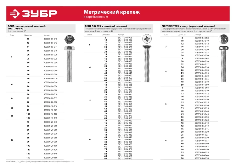 Винт ЗУБР "МАСТЕР" DIN 7985, класс прочности 4.8, оцинкованный, M5x35мм, 5кг 303150-05-035 купить в Нягани
