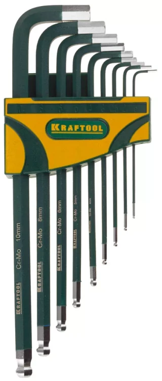 Набор ключей имбусовых KRAFTOOL "INDUSTRIE" длинные,шарик,Cr-Mo сталь(S2),хром покрыт с противоск напыл,HEX1,5-10мм,9шт 27445-H9 купить в Нягани
