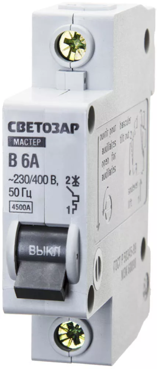 Выключатель СВЕТОЗАР автоматический, 1-полюсный, "B" (тип расцепления), 6 A, 230 / 400 В 49050-06-B купить в Нягани