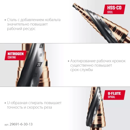 Ступенчатые сверла, сталь c кобальтом, спиральная проточка, НЕХ хвостовик 29691-6-30-13 купить в Нягани