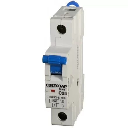 Выключатель автоматический СВЕТОЗАР 1-полюсный, 25 A, &quot;C&quot;, откл. сп. 6 кА, 230 / 400 В SV-49061-25-C купить в Нягани