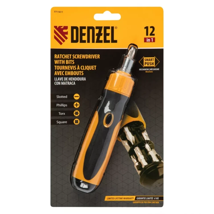 Отвертка реверсивная Denzel 7711611, механизм SmartPush 12 шт, S2 купить в Нягани