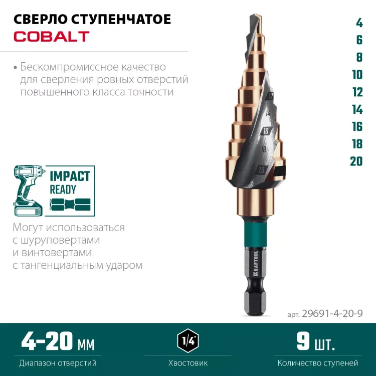 Ступенчатое сверло, сталь c кобальтом, спиральная проточка, НЕХ хвостовик 29691-4-20-9 купить в Нягани