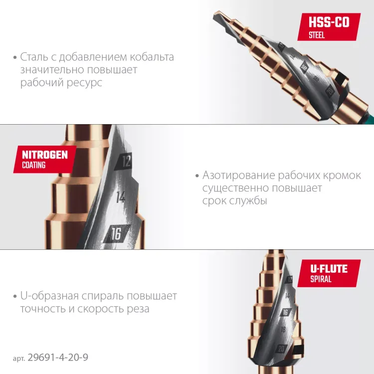 Ступенчатое сверло, сталь c кобальтом, спиральная проточка, НЕХ хвостовик 29691-4-20-9 купить в Нягани