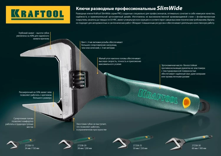 Ключ разводной SlimWide, 200 / 38 мм, KRAFTOOL 27258-20 купить в Нягани