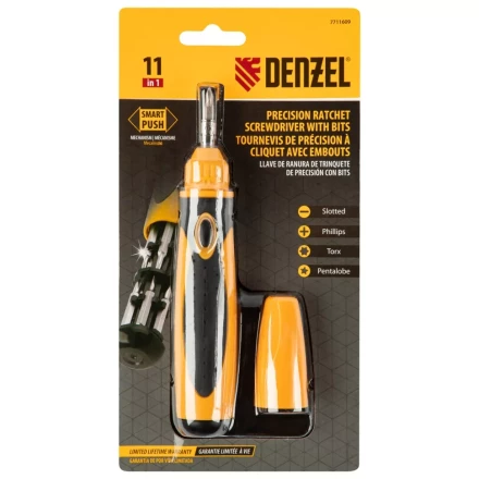 Отвертка реверсивная Denzel 7711609, механизм SmartPush mini 11 шт, CrMo купить в Нягани