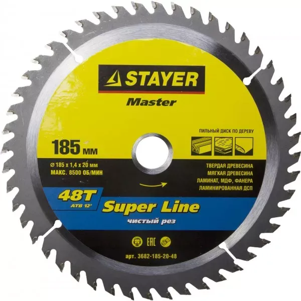 Диск пильный "SUPER-Line" по дереву, 185x20мм, 48Т, STAYER 3682-185-20-48 купить в Нягани