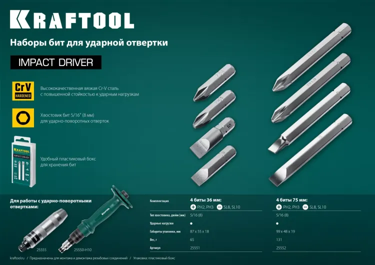 Биты для ударно-поворотных отверток KRAFTOOL 25552 купить в Нягани
