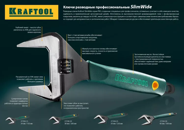 Ключ разводной SlimWide, 250 / 50 мм, KRAFTOOL 27258-25 купить в Нягани
