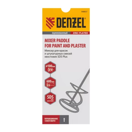 Миксер для красок и штукатурных смесей Denzel, 60 х 400 мм, оцинкованный, шестигранный хвостовик 8 мм, 848437 купить в Нягани