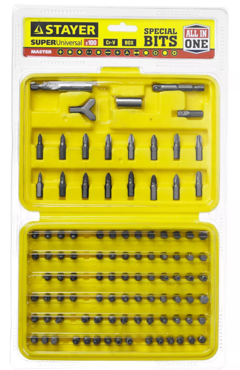 Набор STAYER "MASTER" "SUPER UNIVERSAL": Биты, полный ассортимент стандартных и специальных шлицов, адаптеры, Cr-V, 100 предметов, в боксе 2604-H100 купить в Нягани