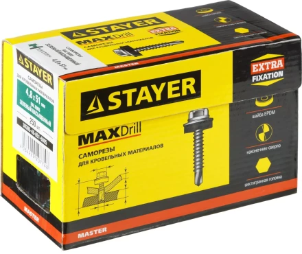 Саморезы СКД кровельные, RAL 6005 зеленый насыщенный, 51 х 4.8 мм, 250 шт, для деревянной обрешетки, STAYER 30305-48-051-6005 купить в Нягани