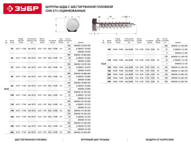 Шурупы ЗУБР "МАСТЕР" с шестигранной головкой, оцинкованные, 6x110, 1100шт 300450-06-110-1100 купить в Нягани