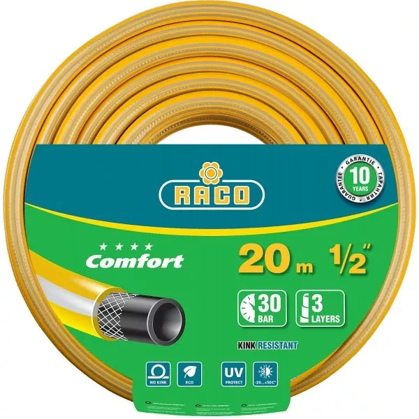 Шланг RACO "COMFORT" поливочный, 30атм., армированный, 3-х слойный, 1/2"х20м 40303-1/2-20 купить в Нягани