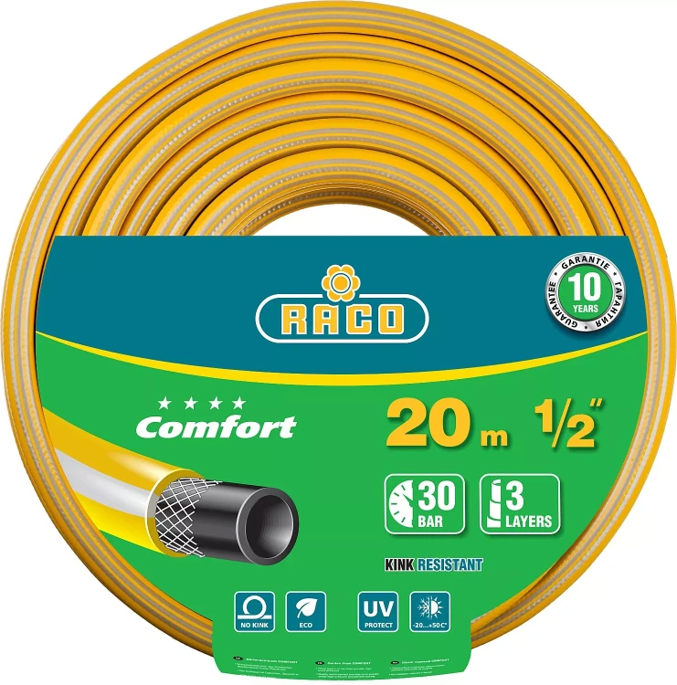 Шланг RACO "COMFORT" поливочный, 30атм., армированный, 3-х слойный, 1/2"х20м 40303-1/2-20 купить в Нягани