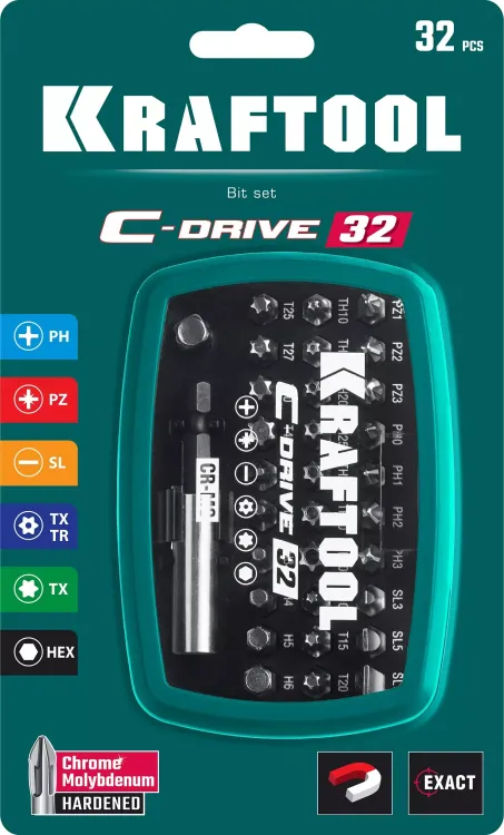 Набор бит и адаптеров KRAFTOOL C-Drive многофункциональный, Cr-Mo сталь, в ударопрочном компактном боксе. Цветная маркировка типов шлицов 26067-H32 купить в Нягани