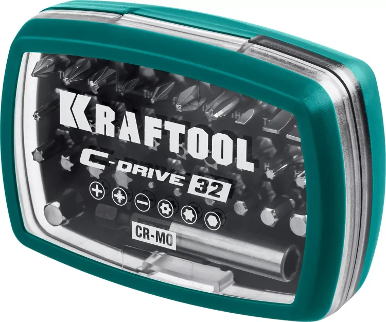 Набор бит и адаптеров KRAFTOOL C-Drive многофункциональный, Cr-Mo сталь, в ударопрочном компактном боксе. Цветная маркировка типов шлицов 26067-H32 купить в Нягани